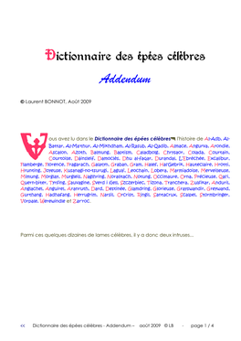 Dictionnaire Des Épées Célèbres Addendum