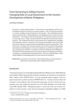 From Governing to Selling Tourism: Changing Role of Local Government in the Tourism Development of Bohol, Philippines