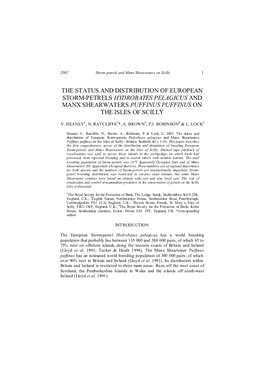 The Status and Distribution of European Storm-Petrels Hydrobates Pelagicus and Manx Shearwaters Puffi(Us Puffi(Us on the Isles of Scilly