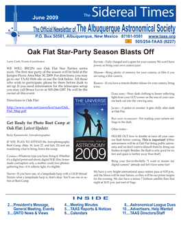 The Sidereal Times June 2009 President’S Message Dee Friesen General Meeting News