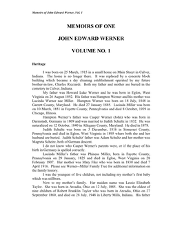 Memoirs of One John Edward Werner Volume No. 1