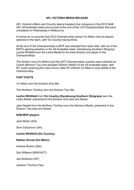 AFL VICTORIA MEDIA RELEASE AFL Victoria's Metro and Country