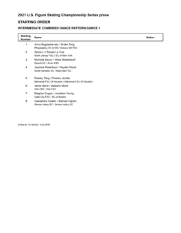 2021 U.S. Figure Skating Championship Series Prese STARTING ORDER INTERMEDIATE COMBINED DANCE PATTERN DANCE 1