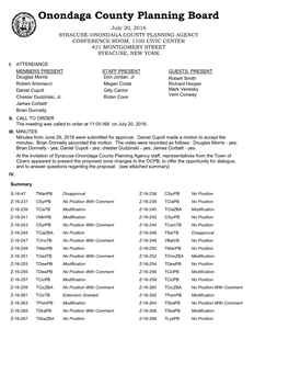 Onondaga County Planning Board July 20, 2016 SYRACUSE-ONONDAGA COUNTY PLANNING AGENCY CONFERENCE ROOM, 1100 CIVIC CENTER 421 MONTGOMERY STREET SYRACUSE, NEW YORK