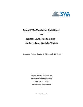 Annual PM10 Monitoring Data Report for Norfolk Southern's Coal Pier – Lamberts Point, Norfolk, Virginia