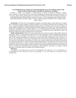 A CONTRIBUTION of GAMMA RAY SPECTROMETRIC DATA in UNDERSTANDING the STRUCTURE of the MAÂDNA CRATER (TALEMZANE, ALGERIA). A. Lamali1, 2, L