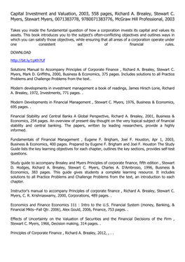 Capital Investment and Valuation, 2003, 558 Pages, Richard A. Brealey, Stewart C. Myers, Stewart Myers, 0071383778, 9780071383776, Mcgraw Hill Professional, 2003