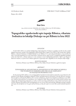 Topografsko-Zgodovinski Opis Župnije Ribnica, Vikariata Sodražica in Lokalije Dolenja Vas Pri Ribnici Iz Leta 1822