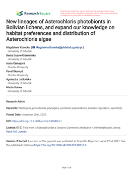 New Lineages of Asterochloris Photobionts in Bolivian Lichens, and Expand Our Knowledge on Habitat Preferences and Distribution of Asterochloris Algae