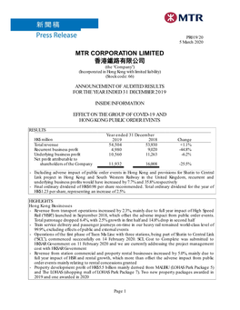 MTR CORPORATION LIMITED 香港鐵路有限公司 (The “Company”) (Incorporated in Hong Kong with Limited Liability) (Stock Code: 66)