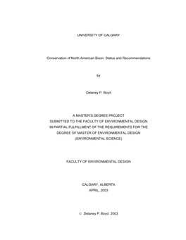 Conservation of North American Bison: Status and Recommendations