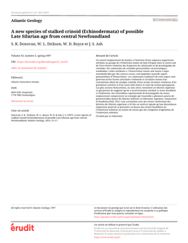 (Echinodermata) of Possible Late Silurian Age from Central Newfoundland S