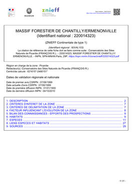 MASSIF FORESTIER DE CHANTILLY/ERMENONVILLE (Identifiant National : 220014323)