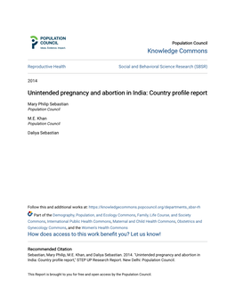 Unintended Pregnancy and Abortion in India: Country Profile Report