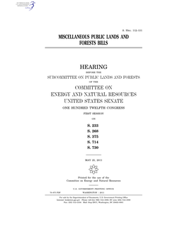 Miscellaneous Public Lands and Forests Bills Hearing Committee on Energy and Natural Resources United States Senate