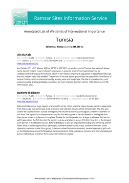 Annotated List of Wetlands of International Importance Tunisia