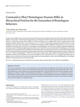 Command Or Obey? Homologous Neurons Differ in Hierarchical Position for the Generation of Homologous Behaviors