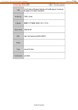 Title the Politics of National Identity in West Malaysia