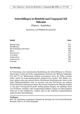 Schwebfliegen in Bielefeld Und Umgegend XII Milesiini (Diptera - Syrphidae)