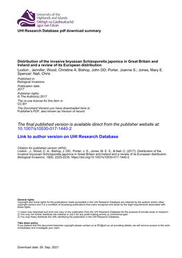 Distribution of the Invasive Bryozoan Schizoporella Japonica in Great