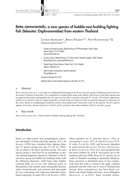 Betta Siamorientalis, a New Species of Bubble-Nest Building Fighting Fish (Teleostei: Osphronemidae) from Eastern Thailand