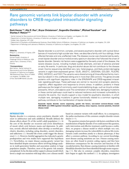 Rare Genomic Variants Link Bipolar Disorder with Anxiety