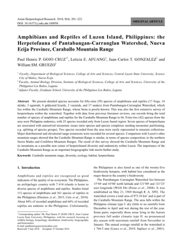 Amphibians and Reptiles of Luzon Island, Philippines: the Herpetofauna of Pantabangan-Carranglan Watershed, Nueva Ecija Province, Caraballo Mountain Range