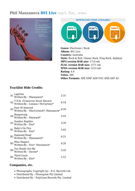 Phil Manzanera 801 Live Mp3, Flac, Wma