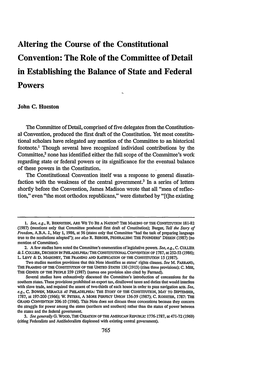 The Role of the Committee of Detail in Establishing the Balance of State and Federal Powers