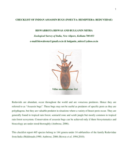 Checklist of Indian Assassin Bugs (Insecta: Hemiptera: Reduviidae)