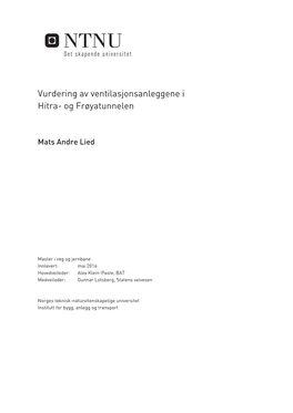 Vurdering Av Ventilasjonsanleggene I Hitra- Og Frøyatunnelen