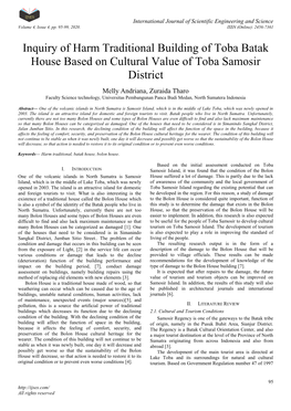 Inquiry of Harm Traditional Building of Toba Batak House Based on Cultural Value of Toba Samosir District