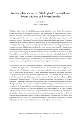 Recasting Recantation in 1540S England: Thomas Becon, Robert Wisdom, and Robert Crowley