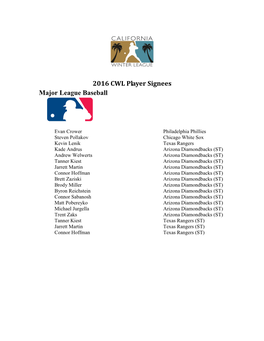 2016 CWL Player Signees Major League Baseball