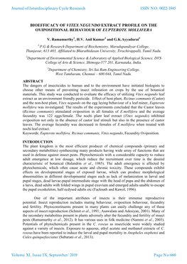 Bioefficacy of Vitex Negundo Extract Profile on the Ovipositional Behaviour of Eupterote Mollifera