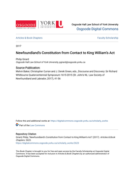 Newfoundland's Constitution from Contact to King William's
