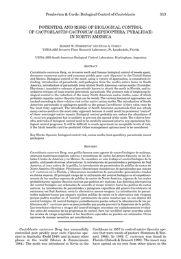 Potential and Risks of Biological Control of Cactoblastis Cactorum (Lepidoptera: Pyralidae) in North America