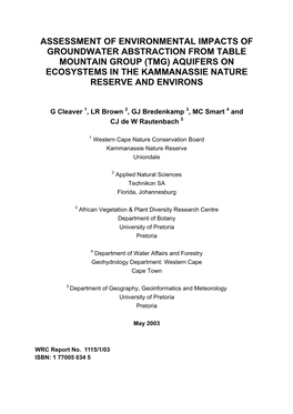 (Tmg) Aquifers on Ecosystems in the Kammanassie Nature Reserve and Environs