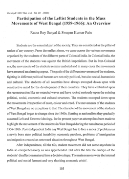 Participation of the Leftist Students in the Mass Move1nents of West Bengal (1959-1966): an Overview