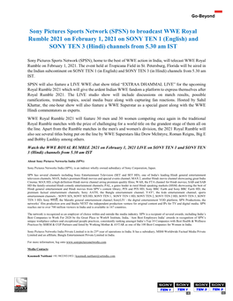 Sony Pictures Sports Network (SPSN) to Broadcast WWE Royal Rumble 2021 on February 1, 2021 on SONY TEN 1 (English) and SONY TEN 3 (Hindi) Channels from 5.30 Am IST