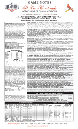 St. Louis Cardinals (2-2) at Cincinnati Reds (4-1) Game #5 N Great American Ball Park N April 12, 2015 Carlos Martinez (0-0, 0.00) Vs