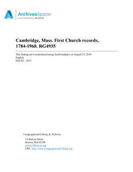 Cambridge, Mass. First Church Records, 1784-1968. RG4935