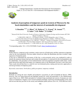 Analysis of Perception of Temporary Pools in Western of Morocco by the Local Stakeholders and the Interest of Sustainable Development