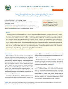 Physico-Chemical Analysis of Honey Produced in Bako-Tibe District, Western Showa Zone, Oromia Region, Western Ethiopia