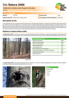 Site Natura 2000 Vallée De La Vesdre Entre Eupen Et Verviers BE33019 Carte D’Identité Superficie 553,53 Ha Direction Du DNF Liège