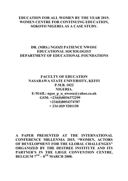 Women Centre for Continuing Education, Sokoto Nigeria As a Case Study