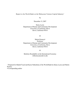 Report to the World Bank on the Malaysian Venture Capital Industry^