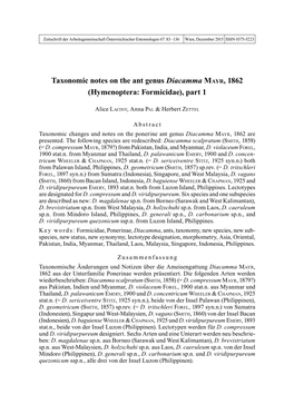 Taxonomic Notes on the Ant Genus Diacamma Mayr, 1862 (Hymenoptera: Formicidae), Part 1