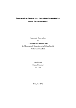 Beta-Alaninaufnahme Und Pantothensäureexkretion Durch Escherichia Coli