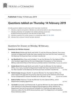 Questions Tabled on Thu 14 Feb 2019